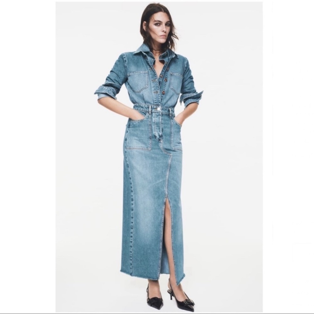 ZARA Long Sleeve Denim Midi Slit Midi Dress Size Small